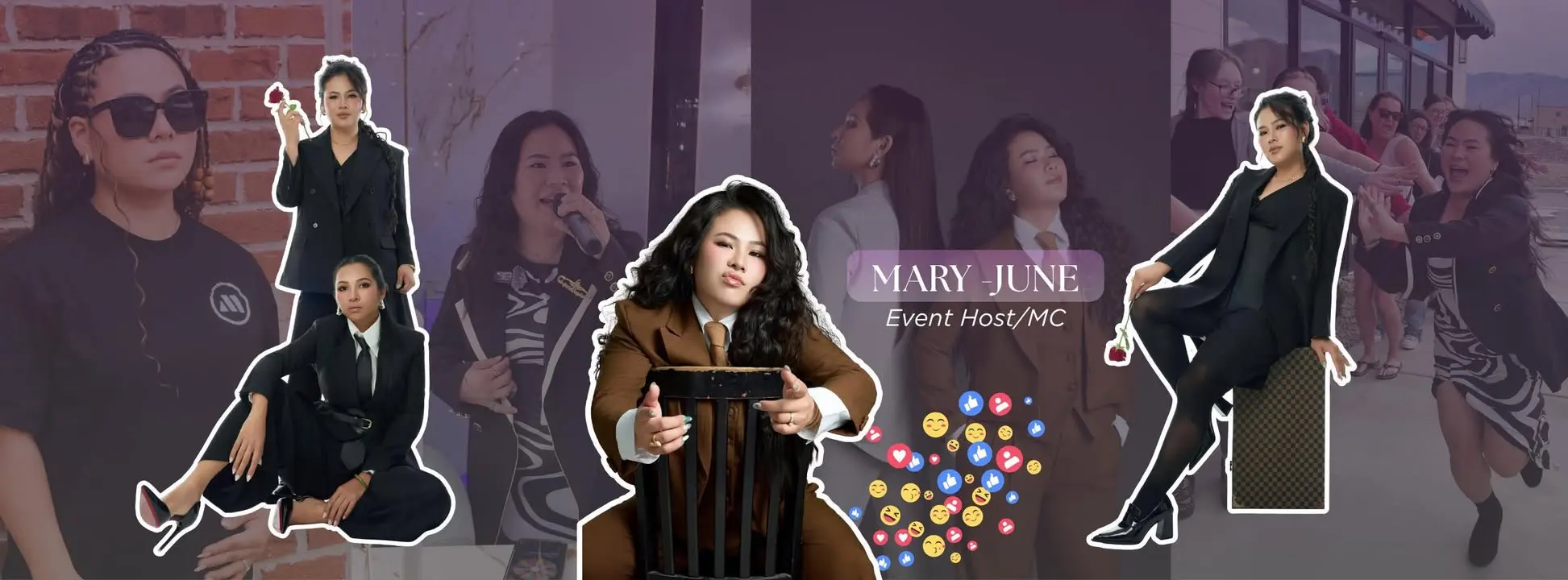 Mary-June HK across many looks — power suits, sunglasses, and hosting with a microphone