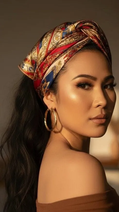 Mary-June HK in a printed silk headscarf and gold hoops — editorial portrait